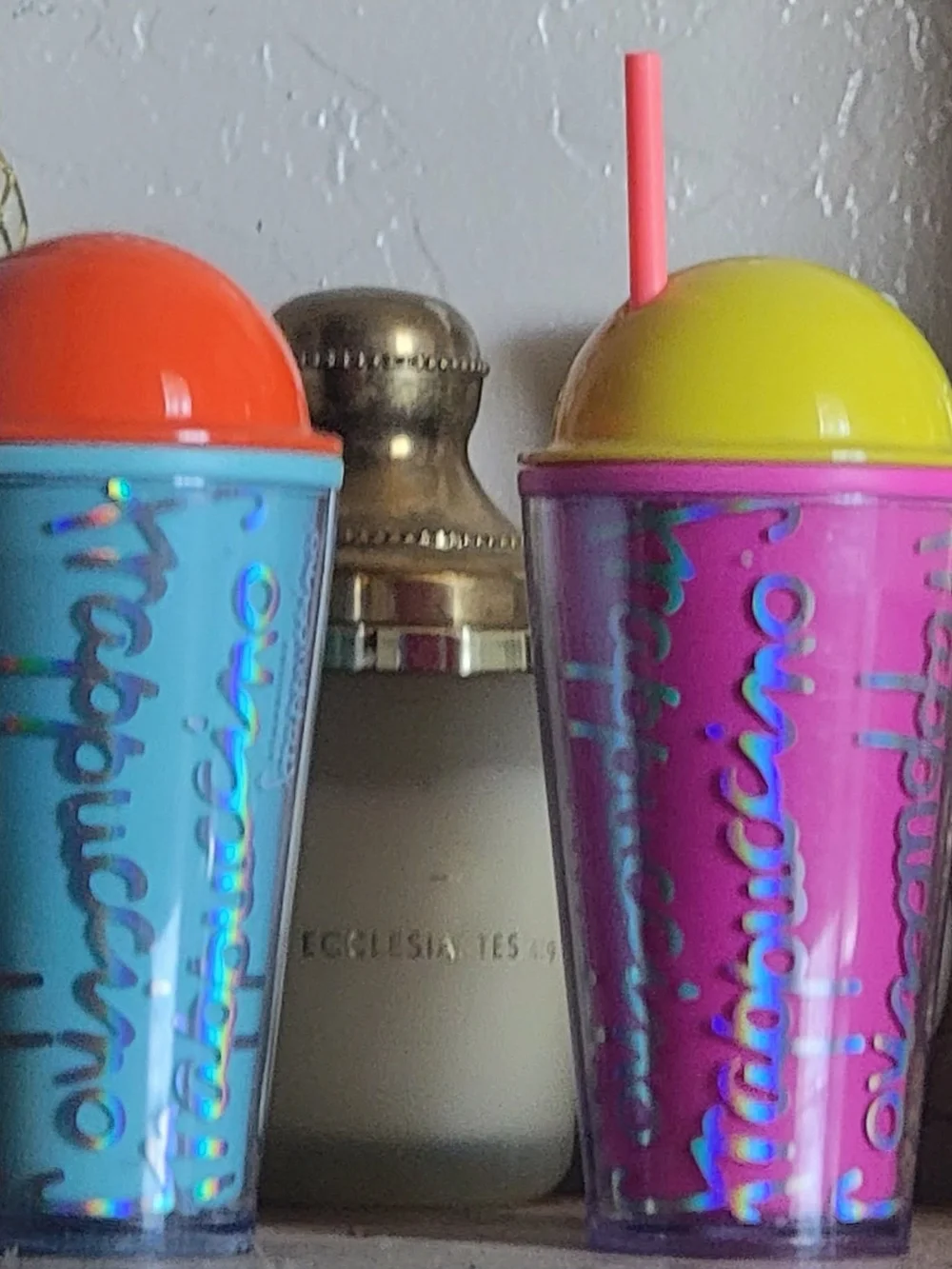 Starbucks Iridescent Blue and Pink Cold Cup Set with Orange and Yellow Dome Lids